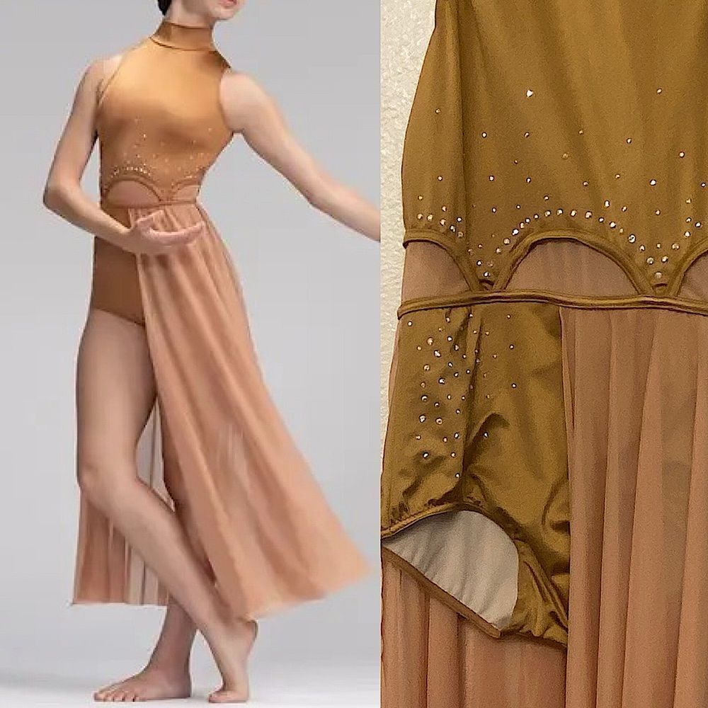 WEISSMAN Dance Costume lyrical tan gold mesh maxi Luminous 14529 SA adult